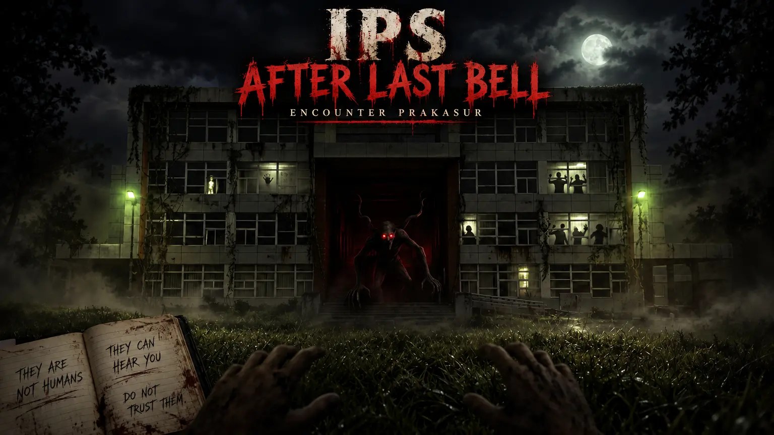 Indian Public School at night, a red-eyed figure in the doorway, a diary warning: they can hear you
